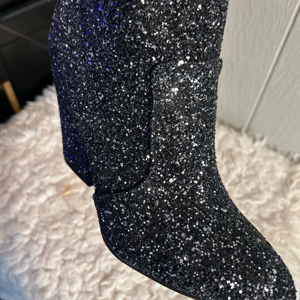 Black Glitter Chunky Heel Booties - Picture 6 of 10
